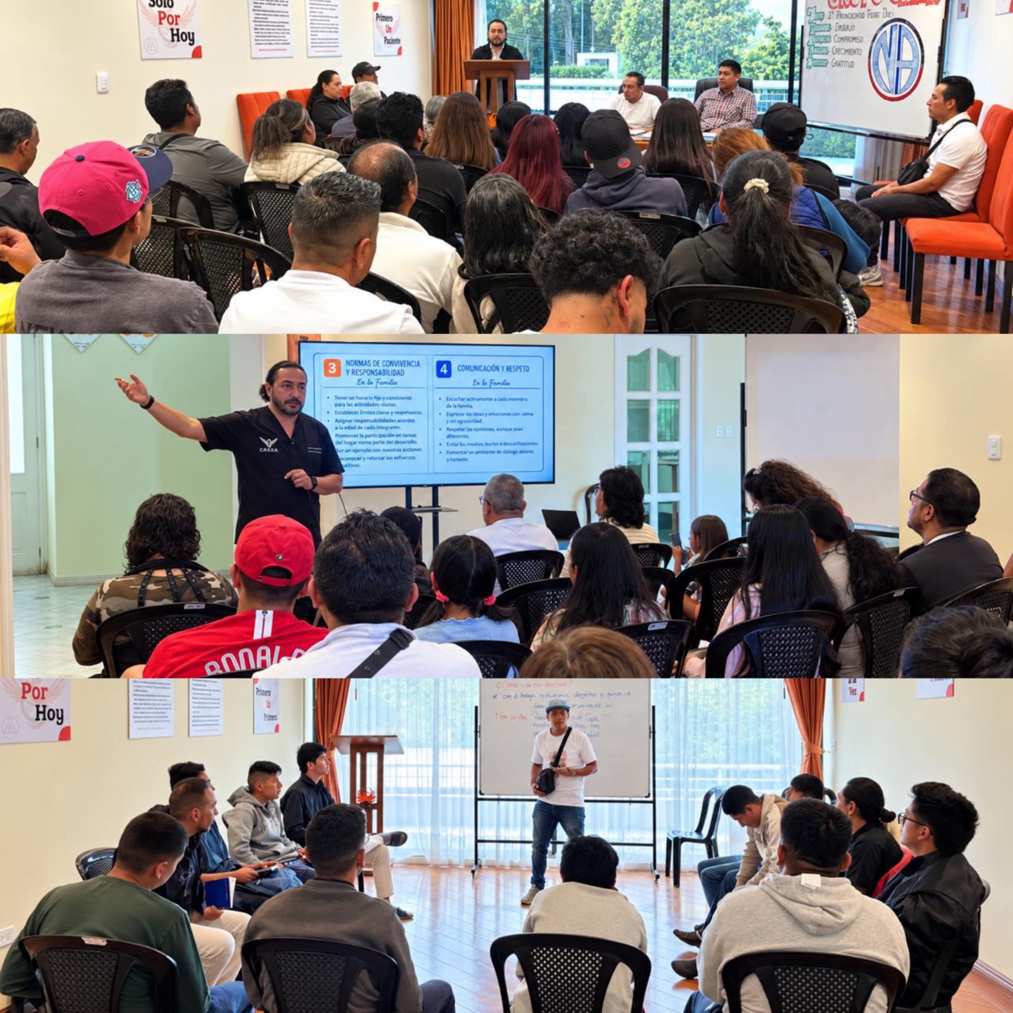Collage de sesiones grupales y acompañamiento familiar en Fundación C.R.E.E.R.